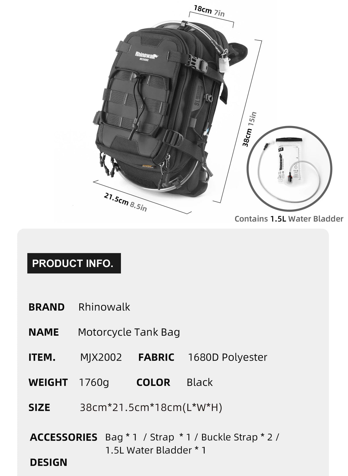RhinoWalk 9L Motorcycle Tank Bag – Hydration Bladder, Waterproof Gear