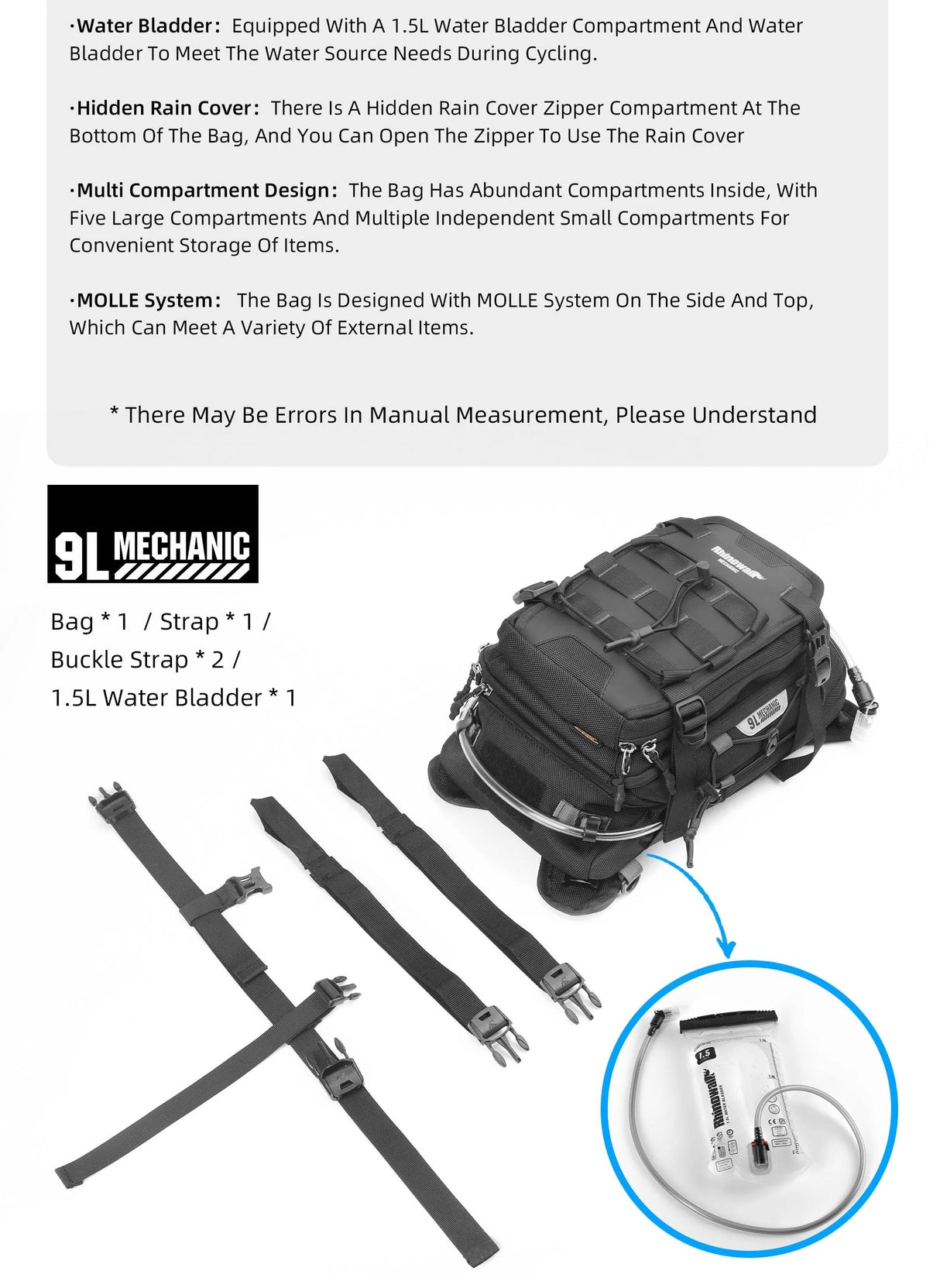 RhinoWalk 9L Motorcycle Tank Bag – Hydration Bladder, Waterproof Gear