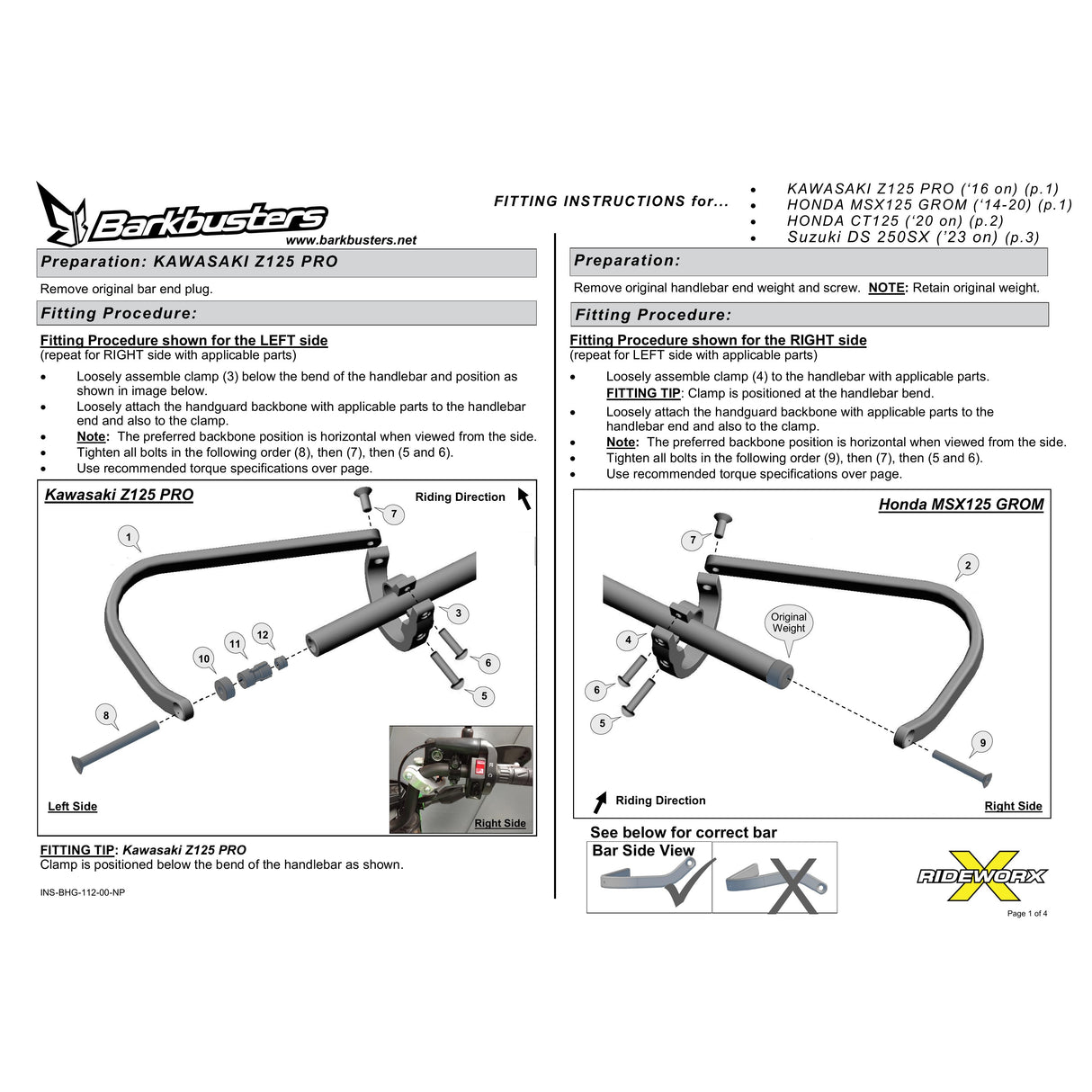 Barkbusters Hand Guards Honda CT 125 '20-, MSX125 Grom '14-'20, Kawasaki Z 125 Pro '16-, Suzuki DS250 SX V-Strom '23-