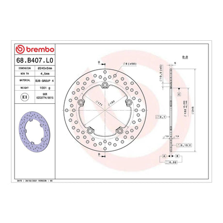Brembo Prime Brake Disc Serie Oro Rear 68B407L0