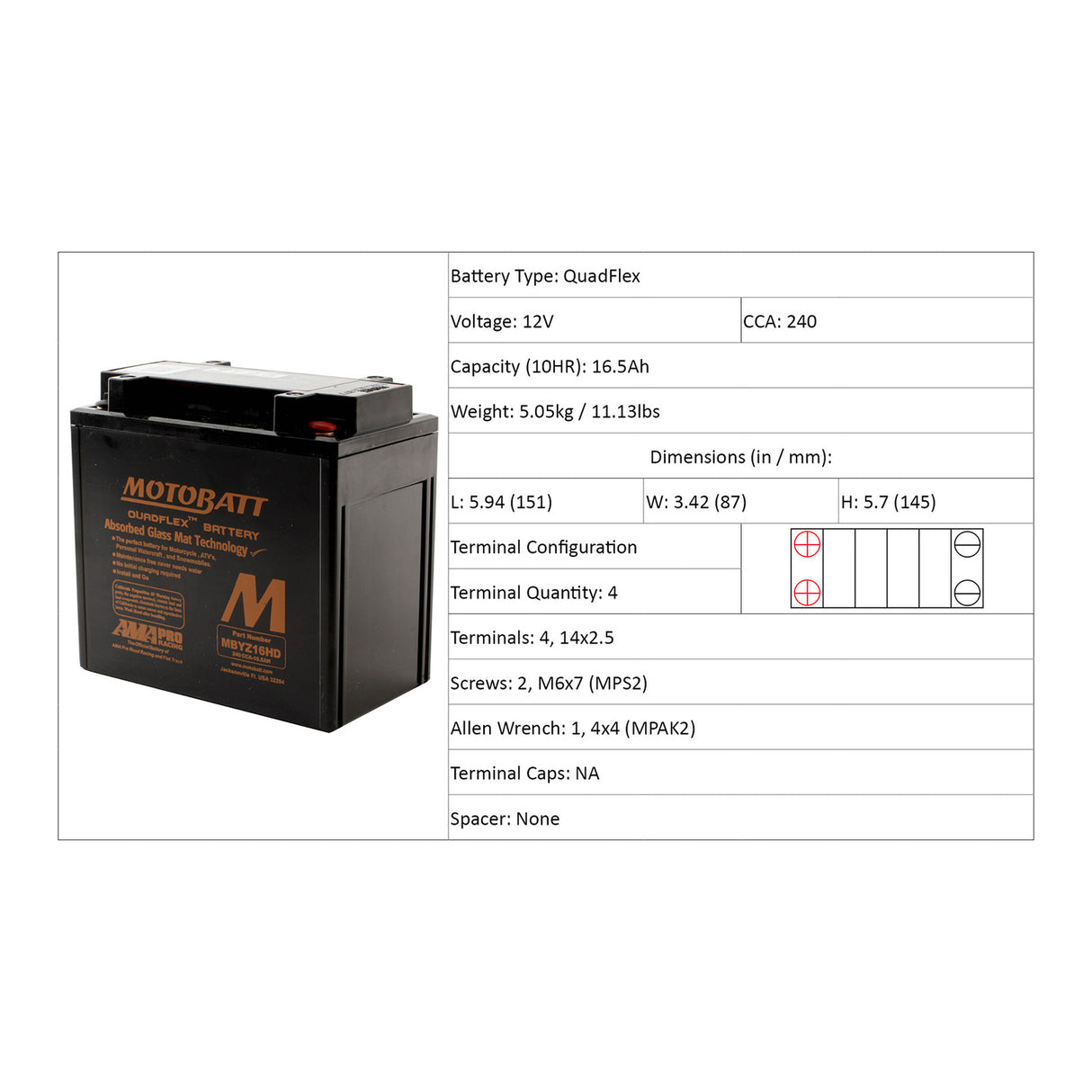 Motobatt Battery Quadflex AGM - MBYZ16HD