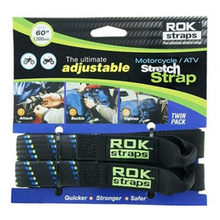 Load image into Gallery viewer, Rok Straps - Motorcycle adjustable stretch strap (Pair) Black with blue/green twist